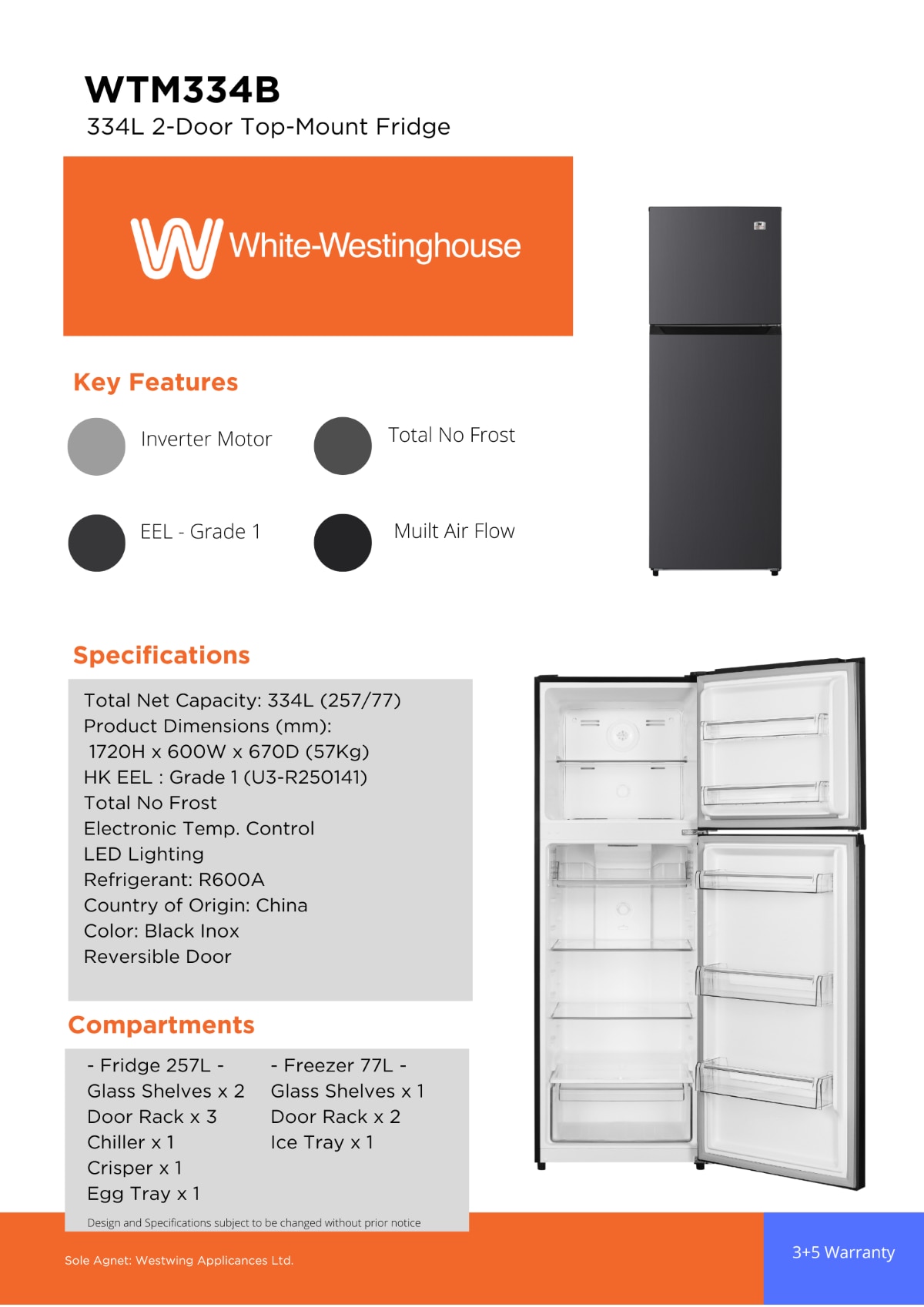 WHITE WESTINGHOUSE WTC334 2 doors Refrigerator (Black Inox) Fridge